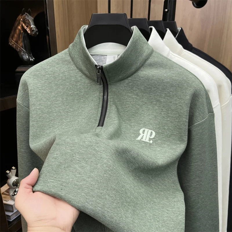 Spring and Autumn New Hoodie Men's Fashion Solid Color Base Shirt Casual Top Versatile Stand Up Collar Small Shirt Trend
