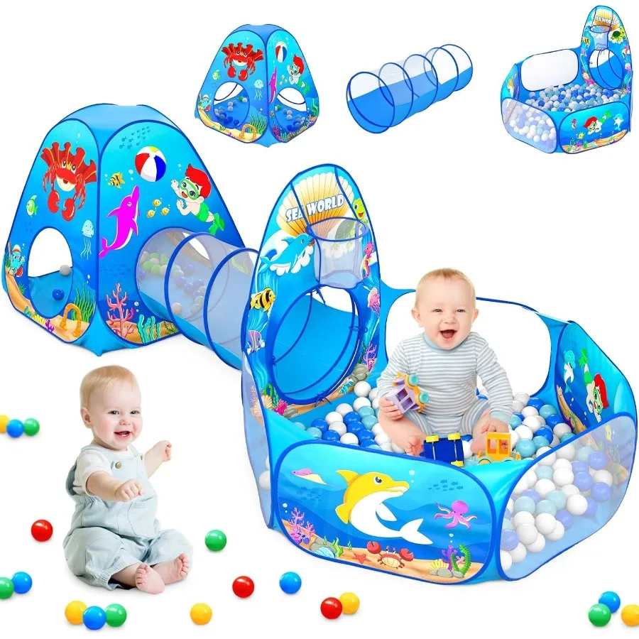 3-teiliges Kinderspielzelt: mit Baby-Bällebad und Krabbeltunnel – Pop-Up-Kletterspielzeug für Kleinkinder – Spielhaus (Bälle NICHT im Lieferumfang enthalten)