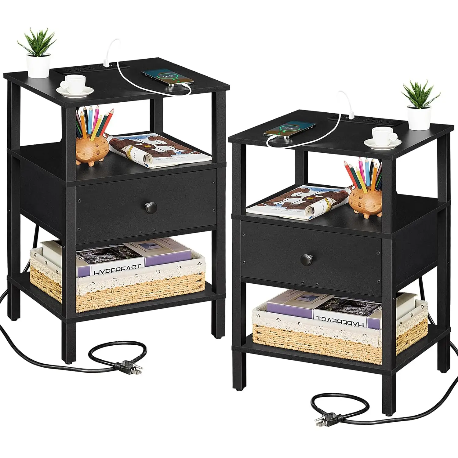 

Nightstand Set Of 2 With Charging Station And USB Ports, 3-Tier Storage End Table With Drawer Shelf, Night Stand, Customized