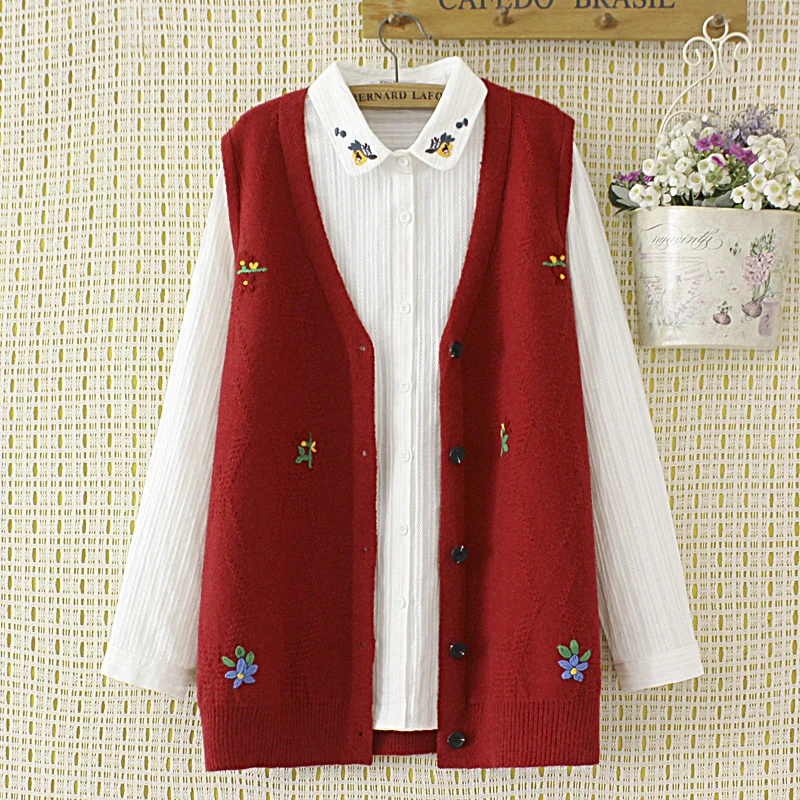 Women Sweater Vest Autumn V Neck Single Breasted Full Sleeve Floral Embroidery Ladies Knitted Cardigan Clothing Tops