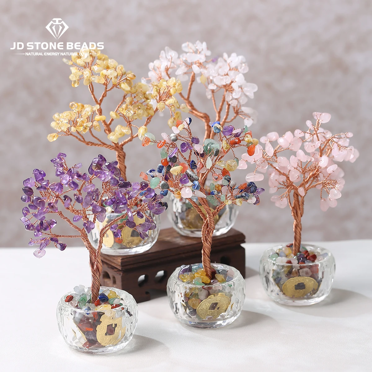 Natural Crystal Chip Stone Lucky Wealth Tree Bowl Shape Copper Wire Wrapped Feng Shui Trees Reiki Healing Tabletop Ornaments