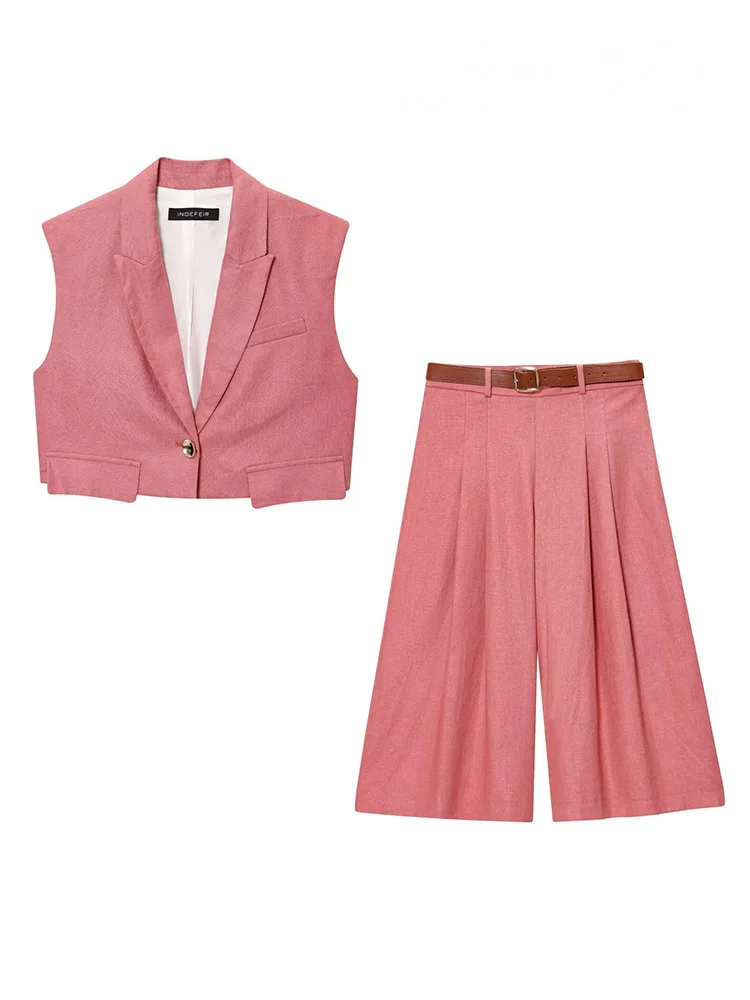 

HH женский льняной розовый брючный костюм без рукавов, короткий жилет со скрытыми пуговицами, топ + повседневный летний пояс, длинные шорты, широкие брюки