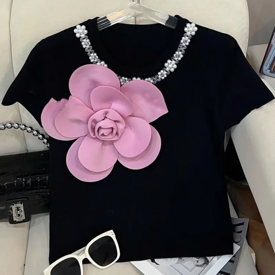 

Design niche fashion nail bead three-dimensional flower short sleeved t-shirt for women 2024 summer new loose