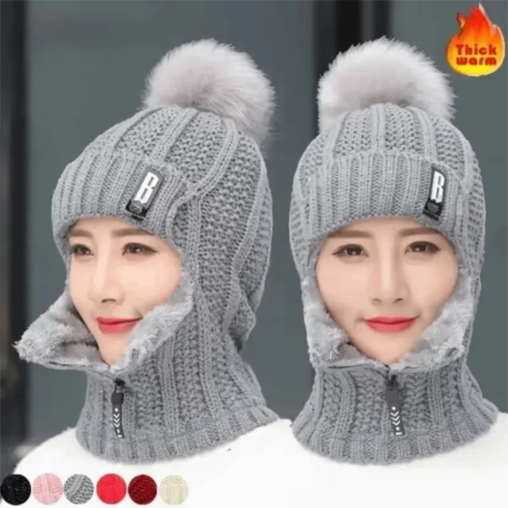 

Casual Windproof Wool Knitted Hat Thickened Keep Warm Ear Protection Hat Neck Warmer Pompoms Hat Outdoor Cycling