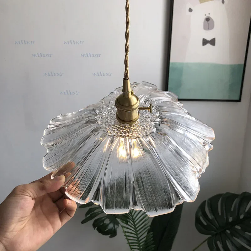 

Dasmani Clear Purple Glass Flower Pendant Lamp Copper Suspension Corridor Balcony Bedroom Hanging Ceiling Chandelier