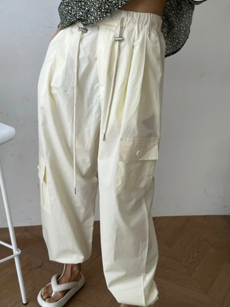 Casual Workwear Pants for Women with Big Pockets Drawstring Waist Loose Slimming Stylish All-Match Cuffed Long Trousers