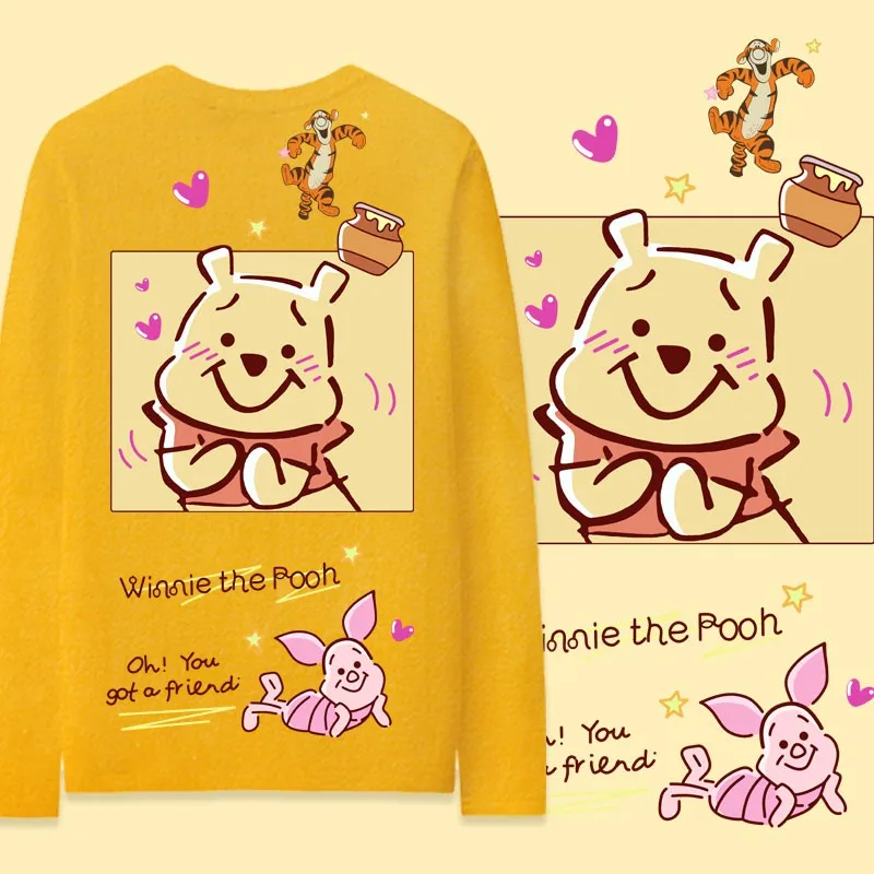 

Winnie Bear Pink Pig Couple Long Sleeved T-shirt For Women's 2024 New Disney Co Branded Autumn Pure Cotton Bottom