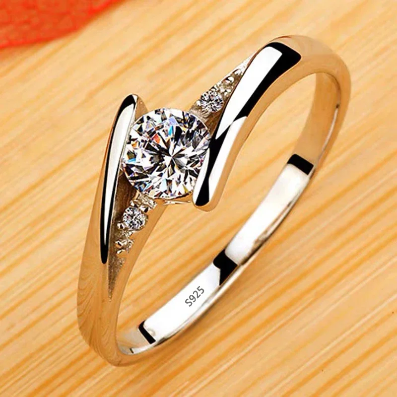 With Certificate Origianl Tibetan Silver Rings for Women Round Zirconia Crystal Ring Wedding Band Engagement Bridal Jewelry Gift