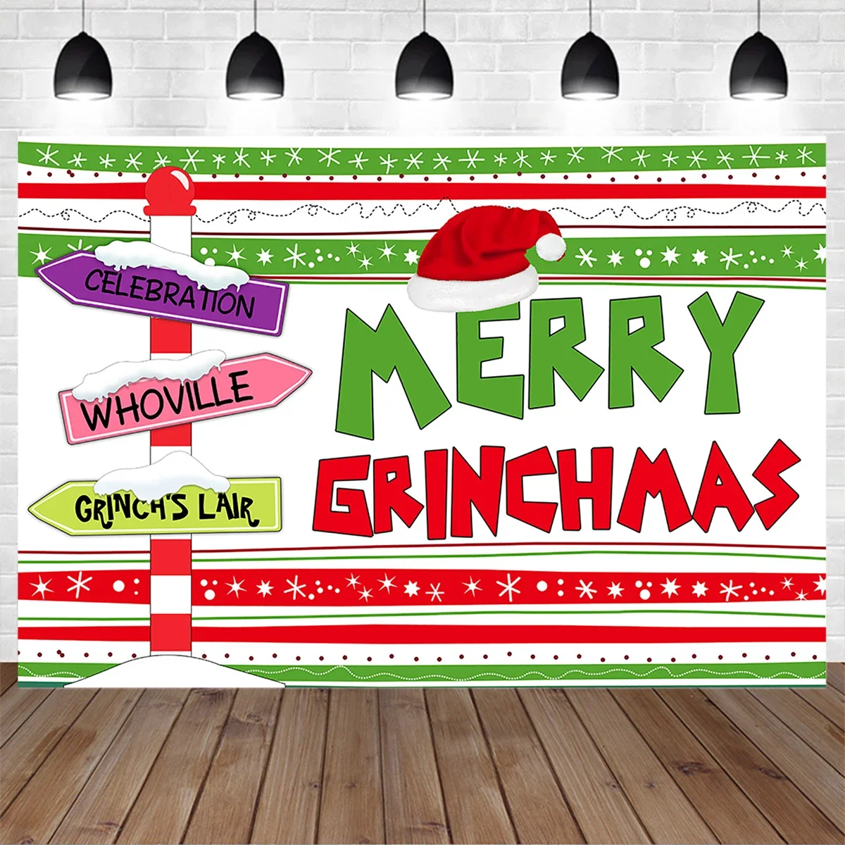 

Merry Christmas Photography Backgdrop Hat Snowflake Road Sign Red Green Shiny Background Customizable Birthday Photo Studio Prop