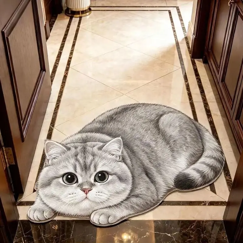 VIKAMA Cat Shape Area Rug Silver Cat Print Entryway Carpet Cute Kawaii Cozy Soft Lovely Indoor Bedroom Aesthetic Home Decor