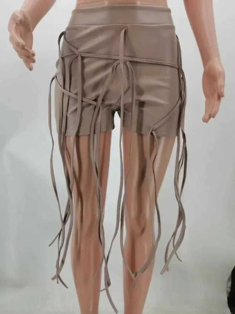 KEXU Sexy PU Leather Rope Tassle Decoration Bodycon Shorts  Streetwear Fashion Clothes Club High Waist Women Shorts