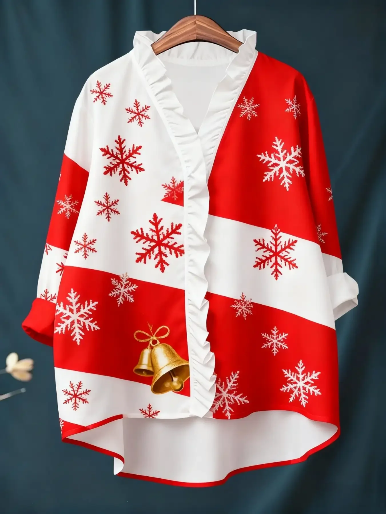 

Women's Christmas digital printed long sleeved shirt with ruffled collar, loose fit, versatile