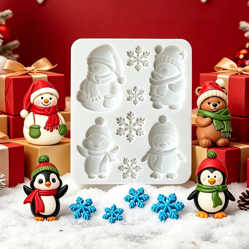 Christmas Bear Penguin Snowman Snowflake Silicone Mold for Sugarcraft Resin Cupcake Baking Fondant Cake Decorating Tools