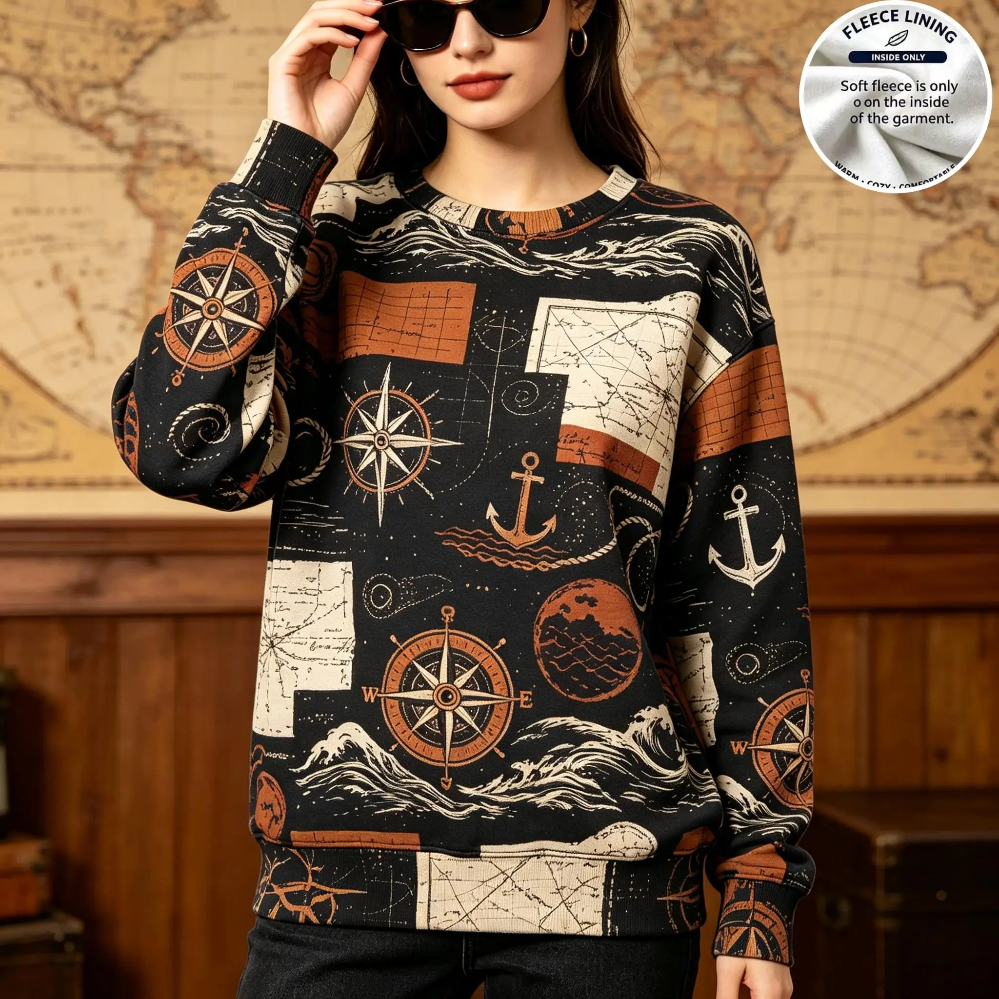 Women Crew Neck Fleece Sweatshirt Vintage Nautical Map Compass Anchor Wave Print Long Sleeve Loose No Hood Warm Pullover
