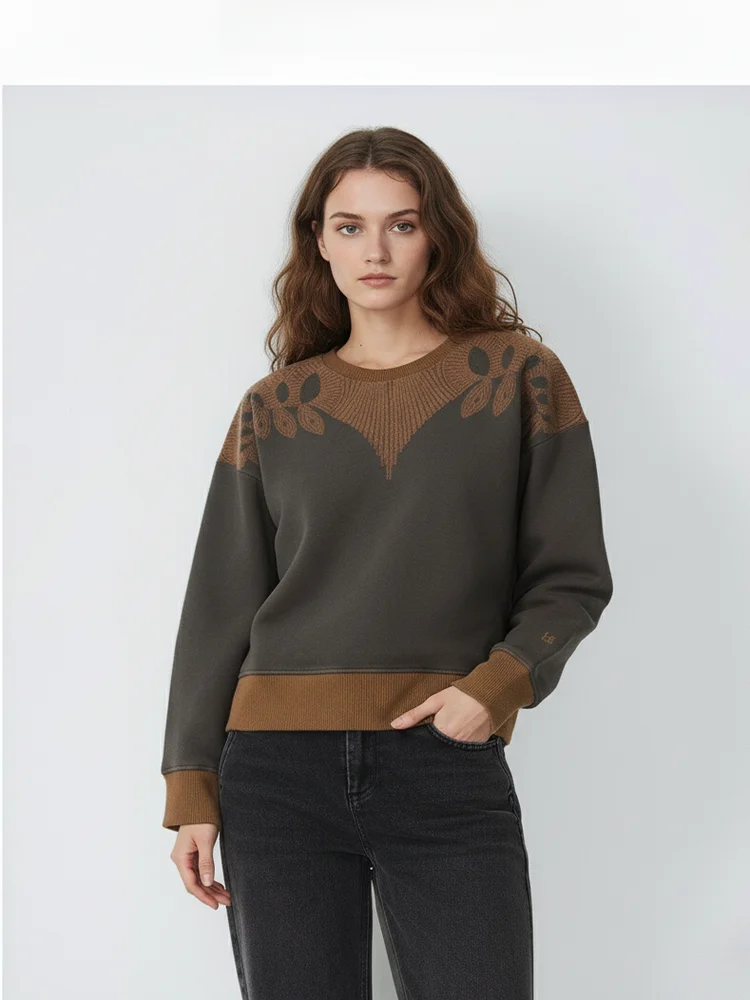 

Осенне-зимняя женская толстовка свободного кроя с круглым вырезом, вышивкой, подкладкой, утягивающая, универсальная, накидная кофта