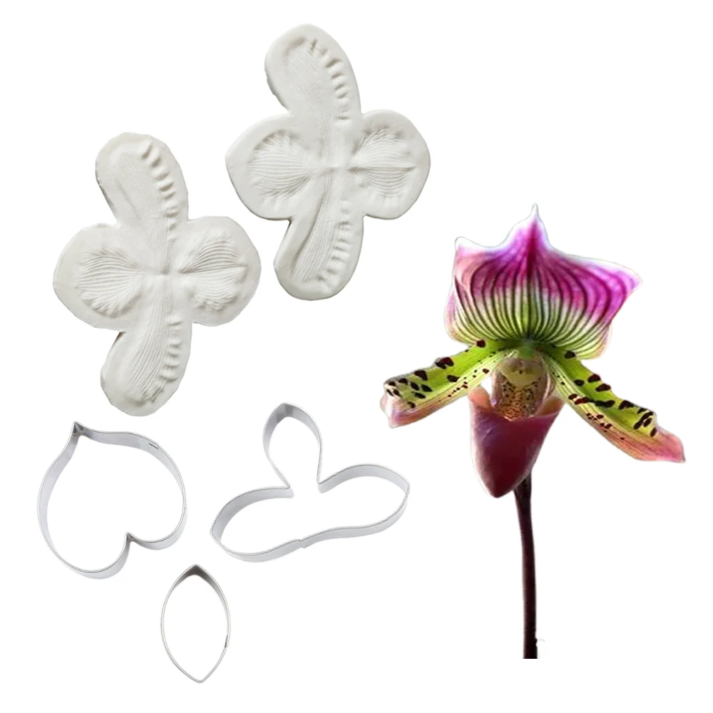 5PCS Paphiopedilum Flower Veiners &Cutters Silicone Molds Chocolate Sugar Paper Clay силиконовые формочки Cake Decorating Tools