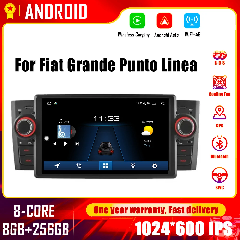 Автомагнитола для Fiat Grande Punto Linea 2007-2012, 7 дюймов, Android 14, мультимедийный видеоплеер, GPS-навигация, стерео, беспроводная carplay 4G