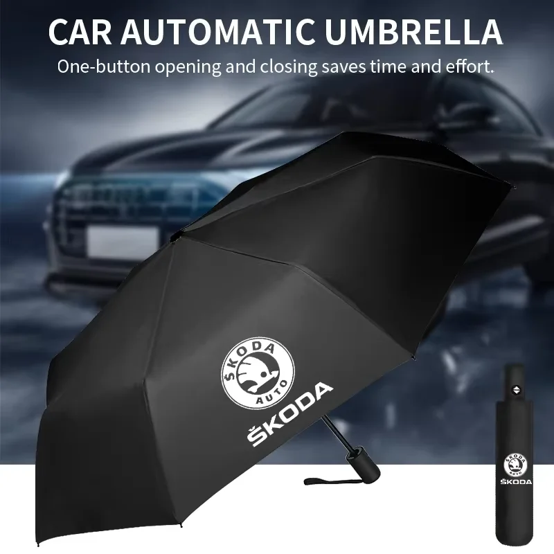 Car Styling Car Portable Folding Automatic Three Folding Umbrella For Skoda Superb Octavia Rapid Kodiaq Kamiq Karoq Rapid Fabia