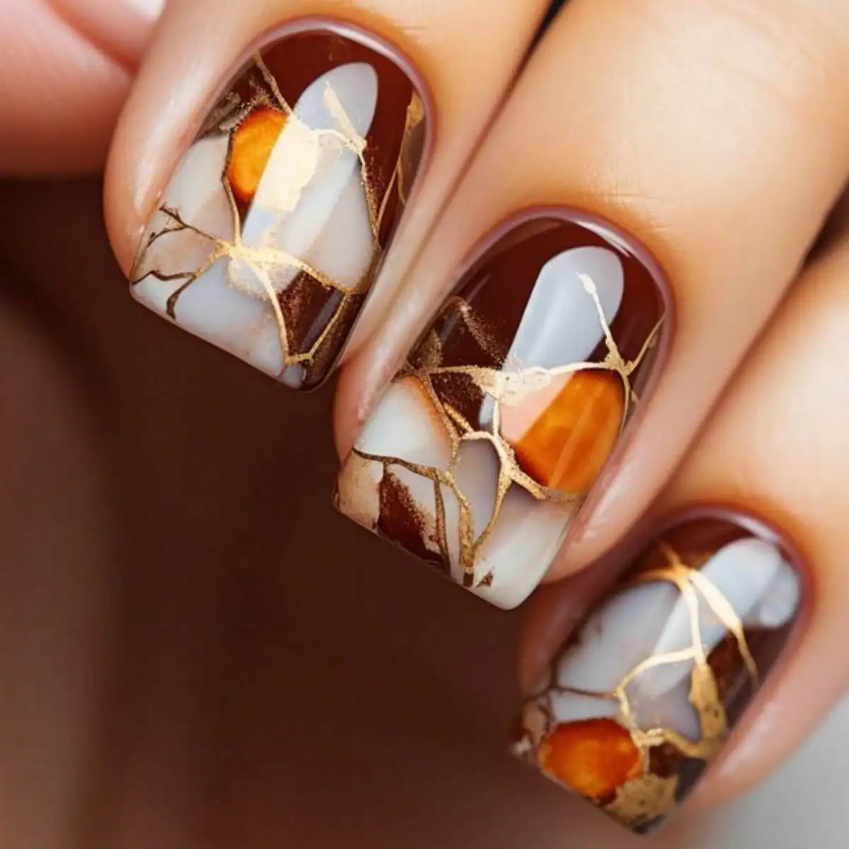 

Jelly Glue + Rubber StripBrown Marble Pattern Medium-Length European Square-Shaped Nail Patches, Fashionable And Removable Weara