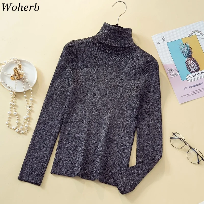 Woherb Turtleneck Women Pullover Glitter Sweater Spring Jumper Knitted Basic Top Fashion Autumn Korean Ladies Clothes 2024