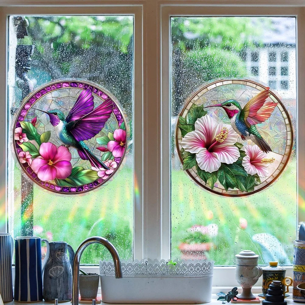 Floral Hummingbird Static Cling for Glass Doors PVC Decorative Sticker Reusable Electrostatic Adhesion Indoor Outdoor