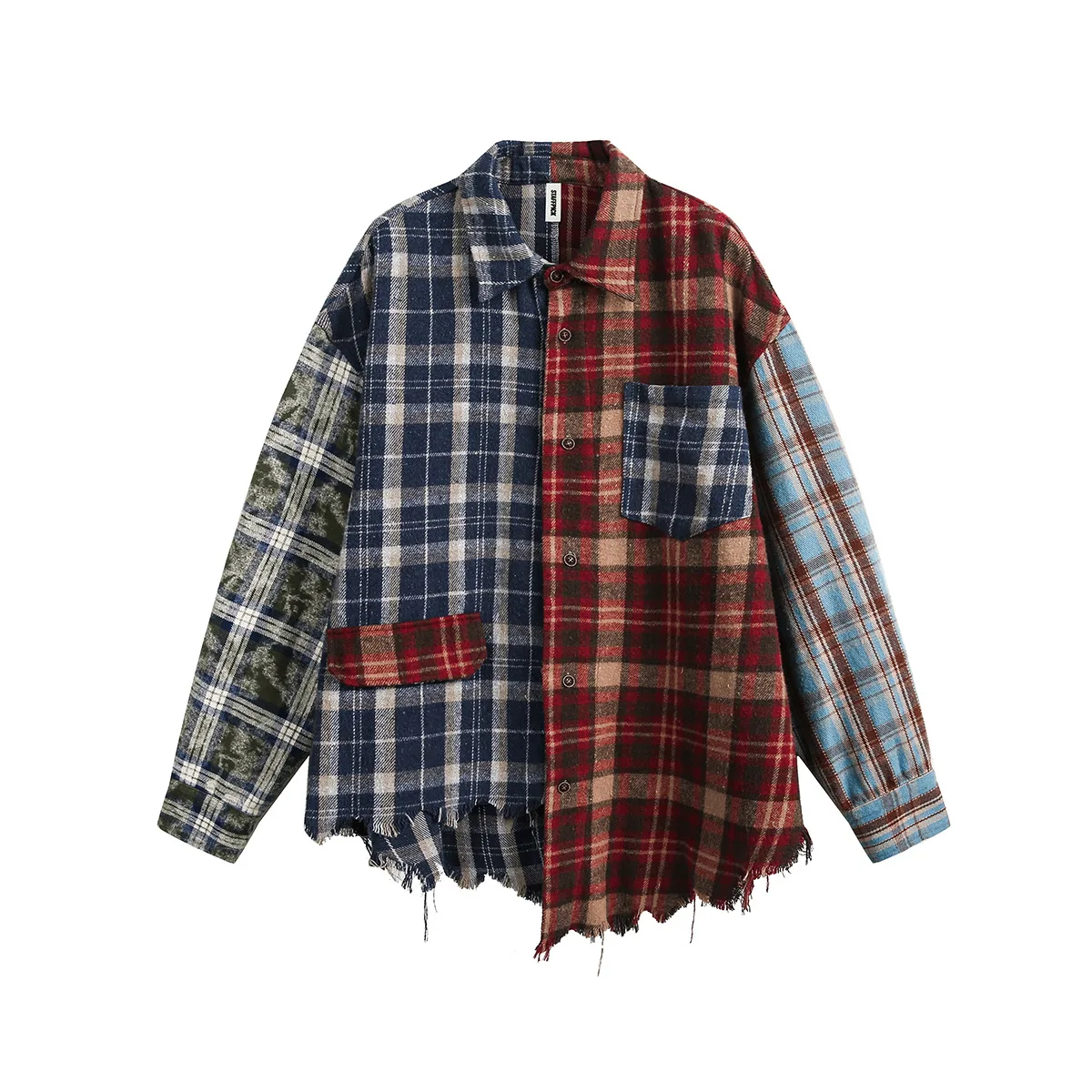 

Men's Patched Plaid Shirt Fashion High Streetwear Cleanfit Shirts With Patchwork Irregular Plaid Tops Long Sleeve