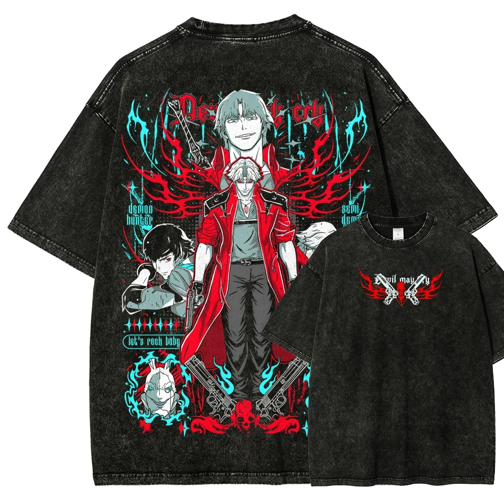 Devil May Cry Washed T-shirt 2026 New Model personality Clothes shirt Year round clothing Streetwear Trendy high quality Couples