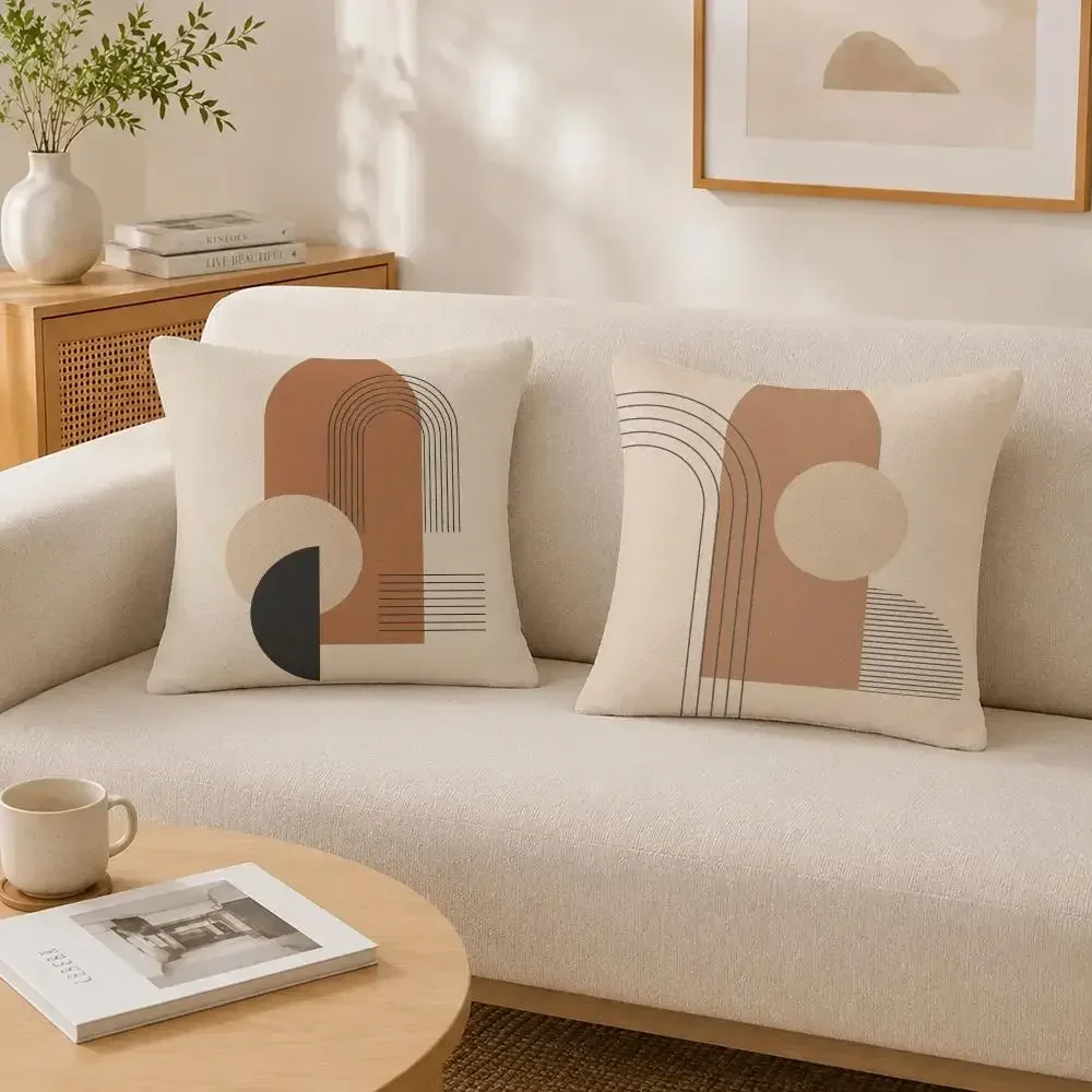 Japandi Neutral Geometric Line Art Cushion Cover Soft Fluffy Short Plush Pillowcase Throw Decorative for Sofa Bedroom Home Decor