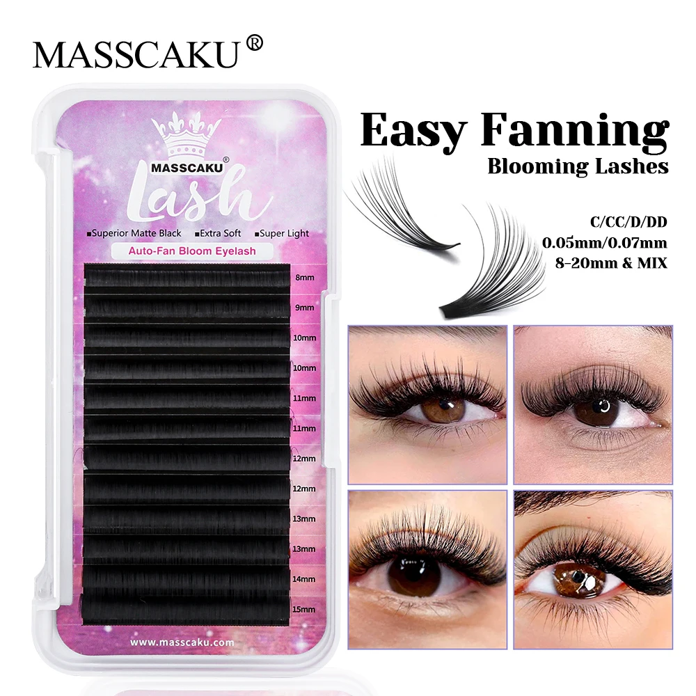 MASSCAKU 12 Lines C D Curl Individual Ribbon Auto Flowering Lashes Lightweight False Silk Easy Fanning Makeup Lash Easy to Graft