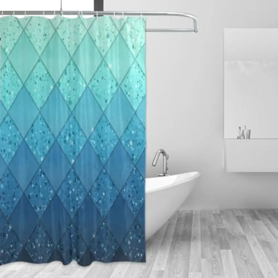

Shower Curtain Backdrop Ocean Blue Teal Mermaid Fish Scales Geometric Rhombus Bathroom Home Decor Set Fabric Bridal Polyester W
