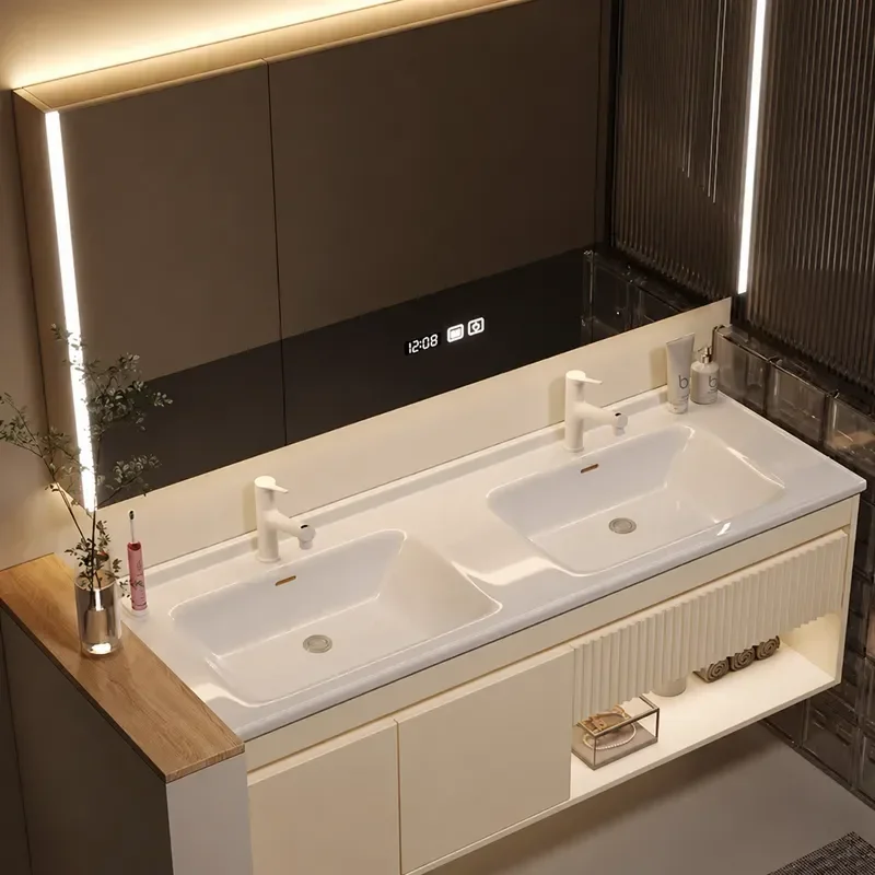 Ceramic Cream Integrated Double Basin Solid Rubber Wood Bathroom Cabinet with Intelligent Combination Toilet and Wash Face