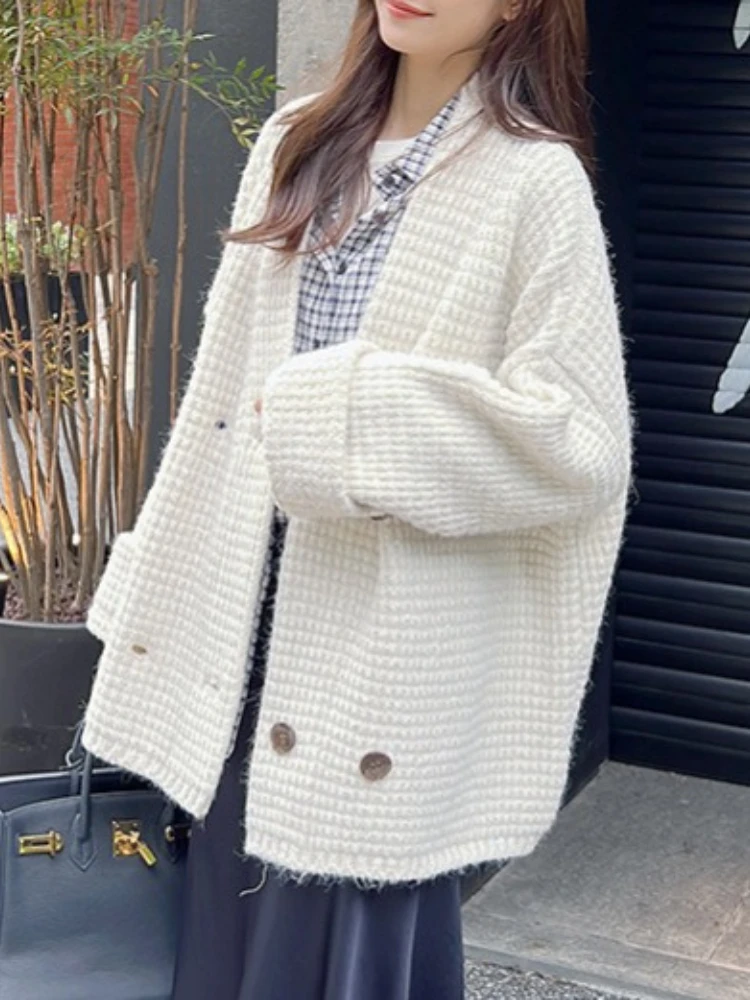 

Korean Fashion Sweaters V Neck Long Sleeve Solid Color Double-breasteds Cardigan Simple Vintage Knit Tops Loose Women's Clothing