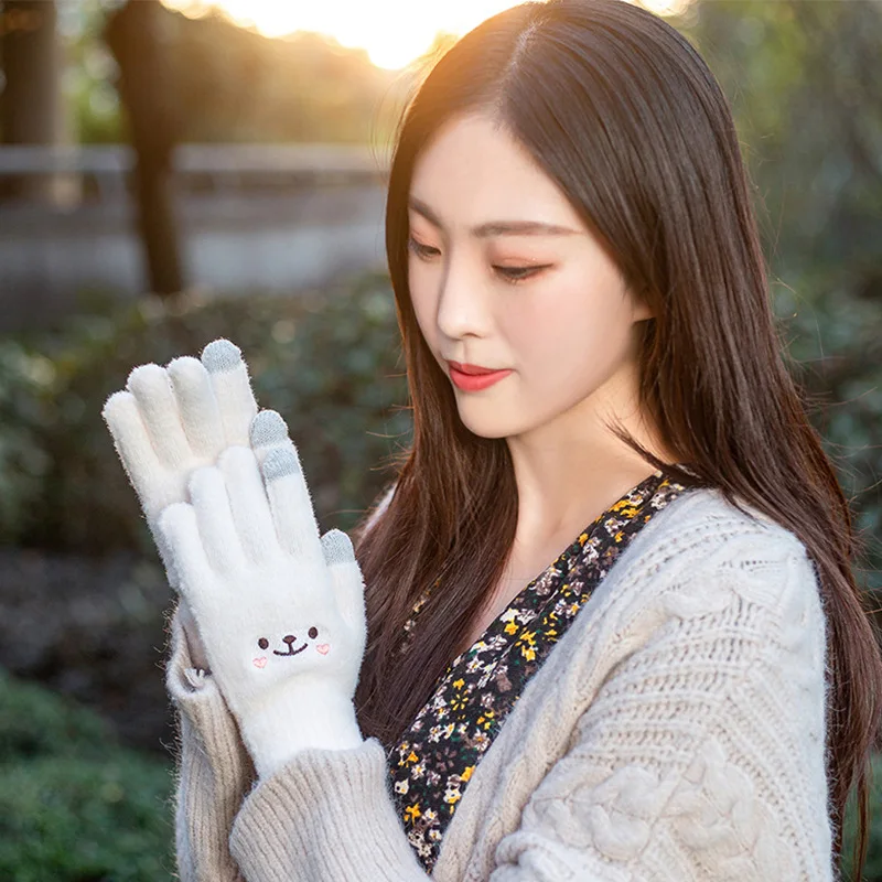 Kawaii Gloves Female Cute Cartoon Embroidered Smiley Bear Touch Screen Autumn Winter Warm Women Wool Knit Gloves Soft Cotton