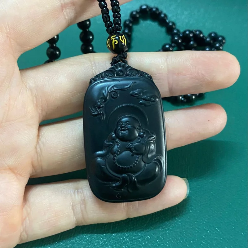 

Natural Hotan Maitreya Pendant, Black Jade Big Belly Buddha Hanging Ornament
