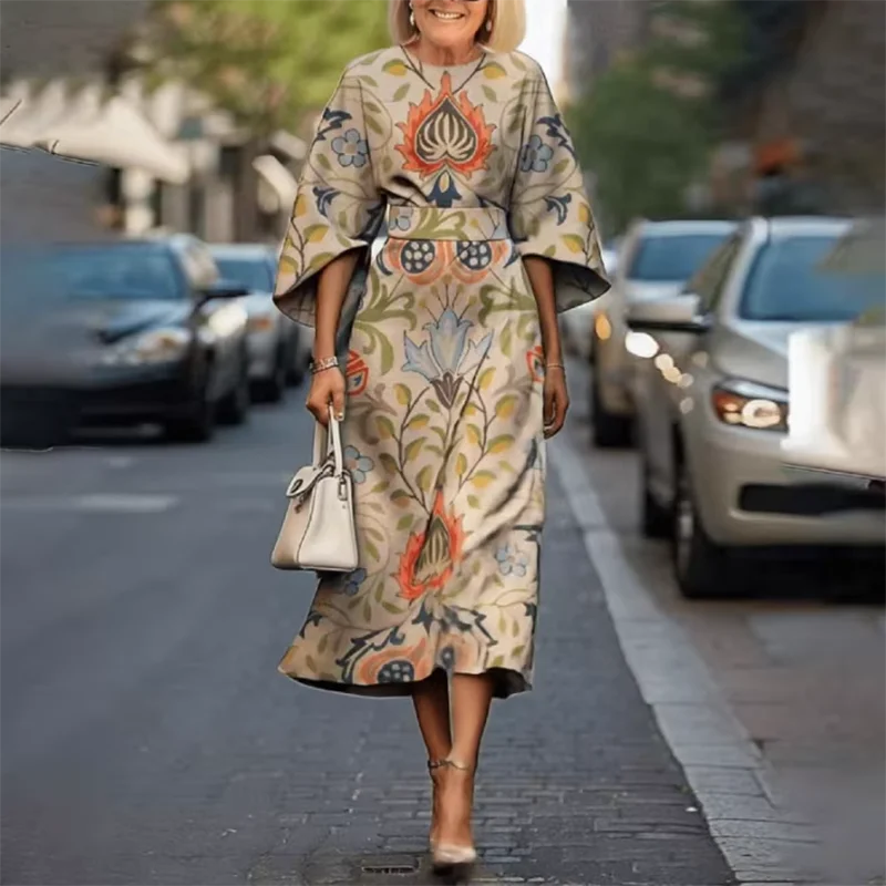 Casual Slim Pattern Print Office Lady Dress Chic O Neck Flare Sleeve Boho Long Dress Summer Vacation High Waist Woman Prom Dress