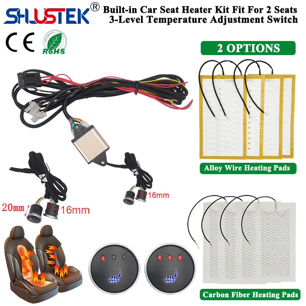 Built-in Car Seat Heater Kit Fit 2 Seats,Universal 12V Heating Pads Max 108W,3 Levels Square Dual Control Switch System