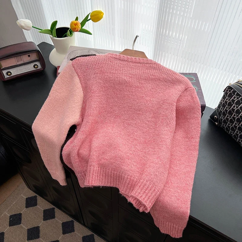 Spliced Knitted Sweater Women Autumn Long Sleeve Single Breasted Square Neck Casual Fashion French Knit Cardigan