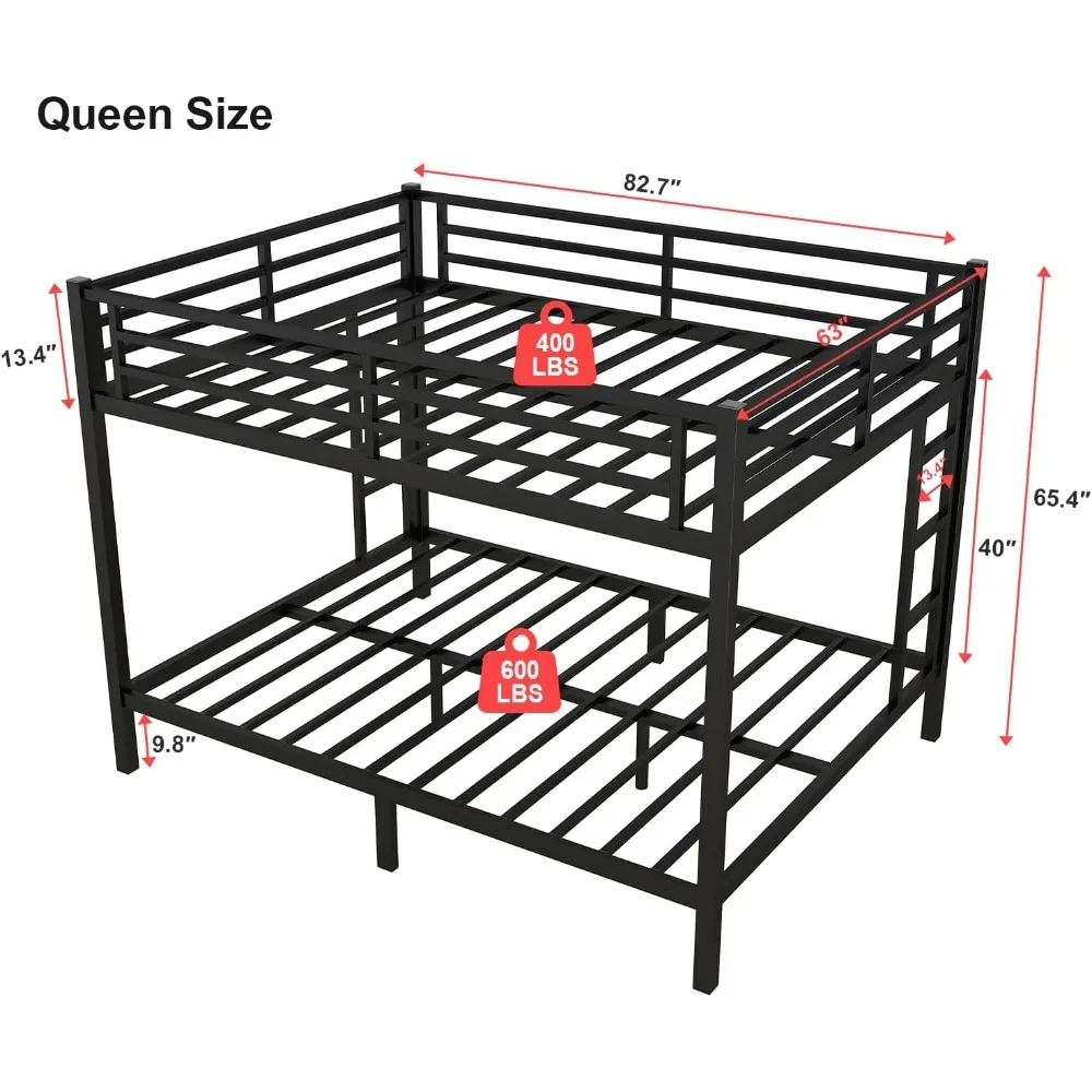 퀸 오버 퀸 이층 침대, 금속 이층 침대 프레임 헤비 듀티 이층 침대 사다리 및 가드레일 금속 칸막이가 있는 로프트 침대 프레임