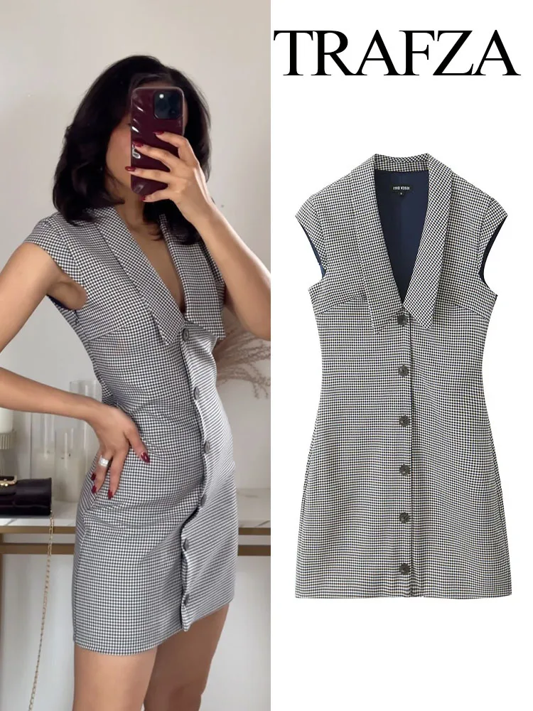 TRAFZA Summer Women Elegant Plaid Sleeveless Mini Dress Woman Single-breasted Design Turn-down Collar Dress Casual Party Dress