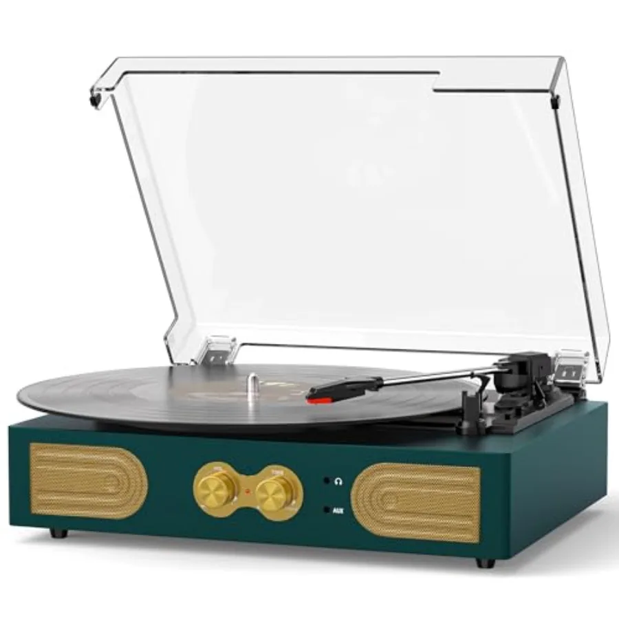 

Vintage 3-Speed Belt-Drive Vinyl Record Player with Bass Treble Control Built-in Speakers Headphone Jack RCA/AUX Outputs in Dar