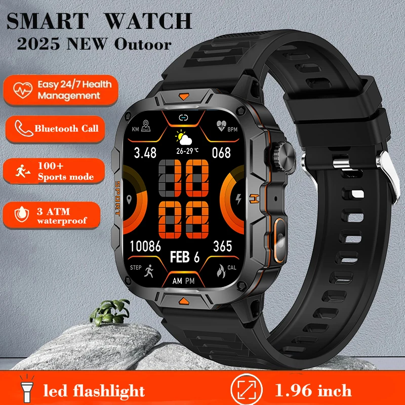 

2025 New For Men Military Smart Watch Men IP68 3ATM Outdoor Sports Fitness Tracker Health Monitor 1.96" BT Call Smartwatch