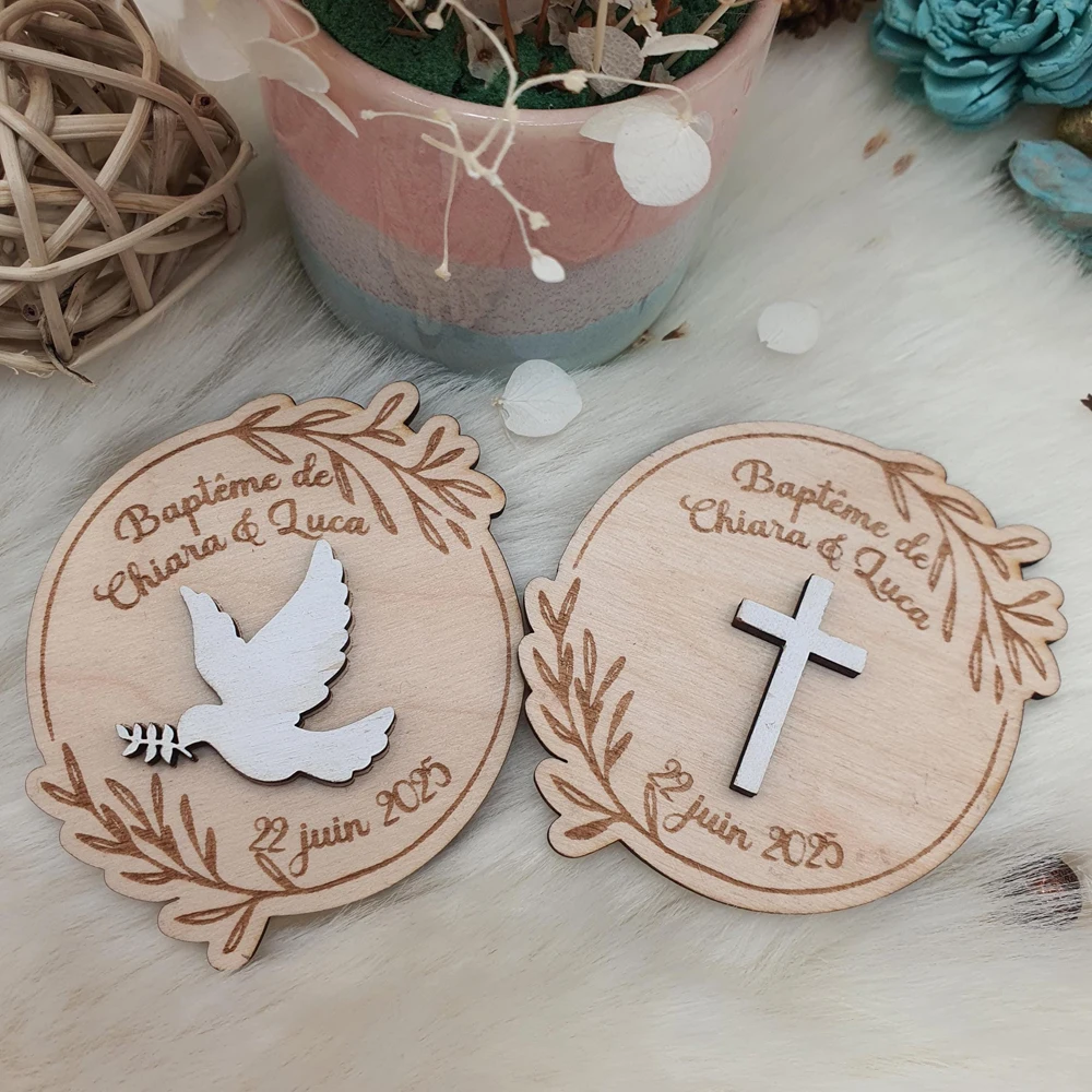 30/50/80 Uds. Etiquetas de recuerdo de bautismo con cruz de Paloma personalizadas, etiquetas de nombre de fiesta de bautizo de madera personalizadas para Baby Shower, decoración Mi Bautizo