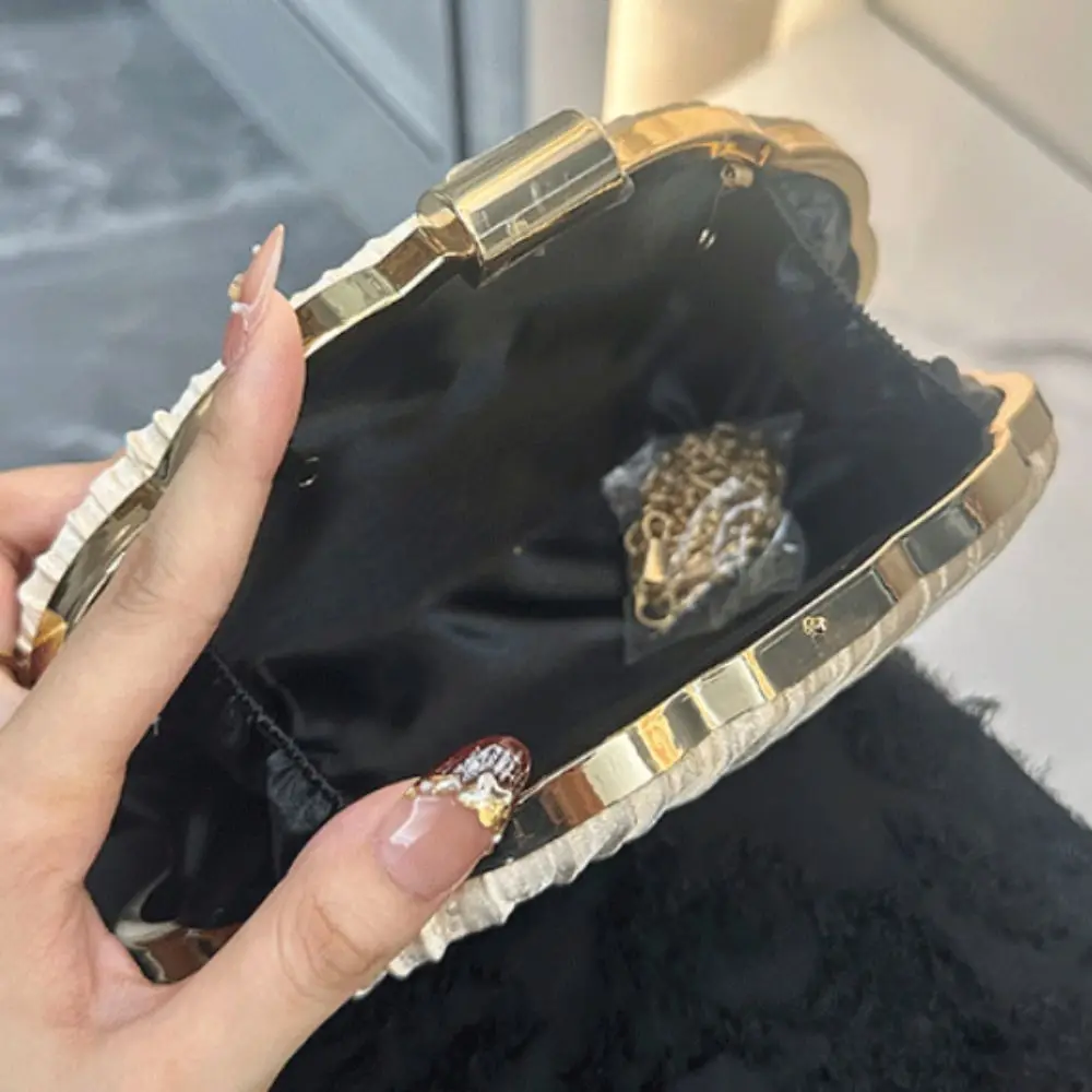 New Elegant Style Evening Clutch Bag Nylon Lining Crossbody Strap Ruched Shell Purse Lock Buckle Party Handbag Party