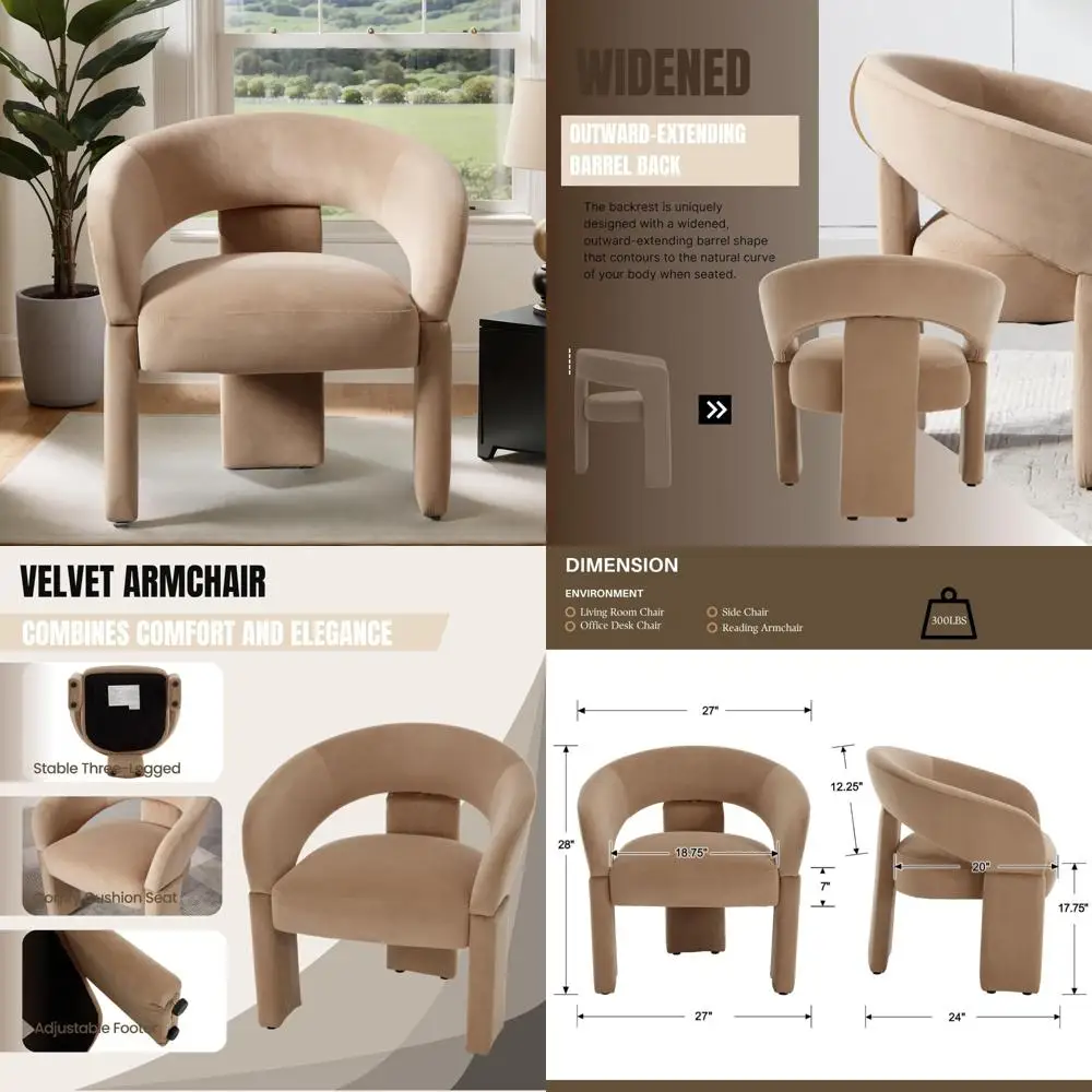 Khaki Velvet Barrel Arm Upholstered Lounge Chair for Comfortable Living and Reading Spaces