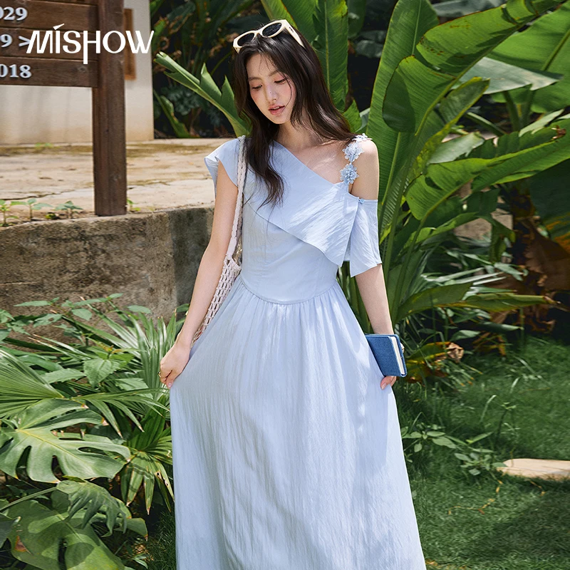 

MISHOW Detachable Shawl Dress For Women 2026 Summer New Blue Floral Lace Shoulder Strap Slimming Gentle A-Line Dress MXF26L2700