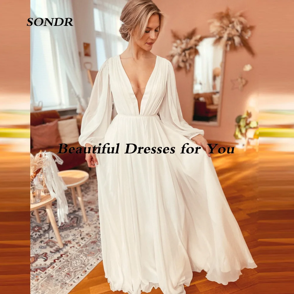 Sondr beliebte tiefe V-Ausschnitt Brautkleider Vintage elegante Vestido de Noiva geschwollene Ärmel Elfenbein Frauen Brautkleider Fabrik