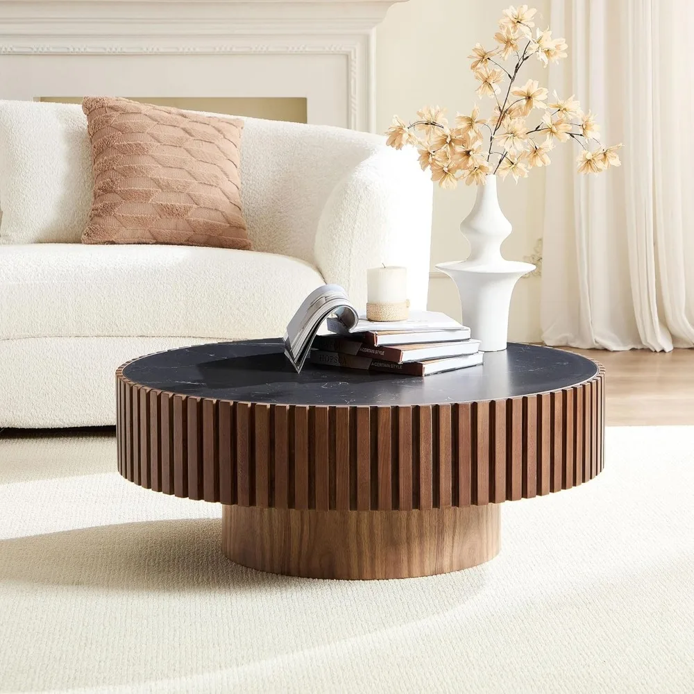 Round Coffee Table 35.43" Wood CoffeeTable with Sintered Stone Tabletop for Living Room Circle CoffeeTableModern Farmhouse Cente