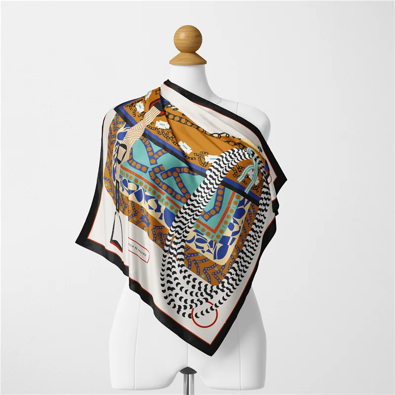 Twill Silk Scarf Woman Saddle Print Square Scarves Wraps Bandana Small Hijab Silk Foulards Tie Headband Neckerchief 53CM