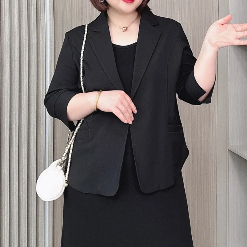 Summer Thin 3/4 Sleeve Suit Jacket Women New Plus Size Loose Casual One Button Blazer