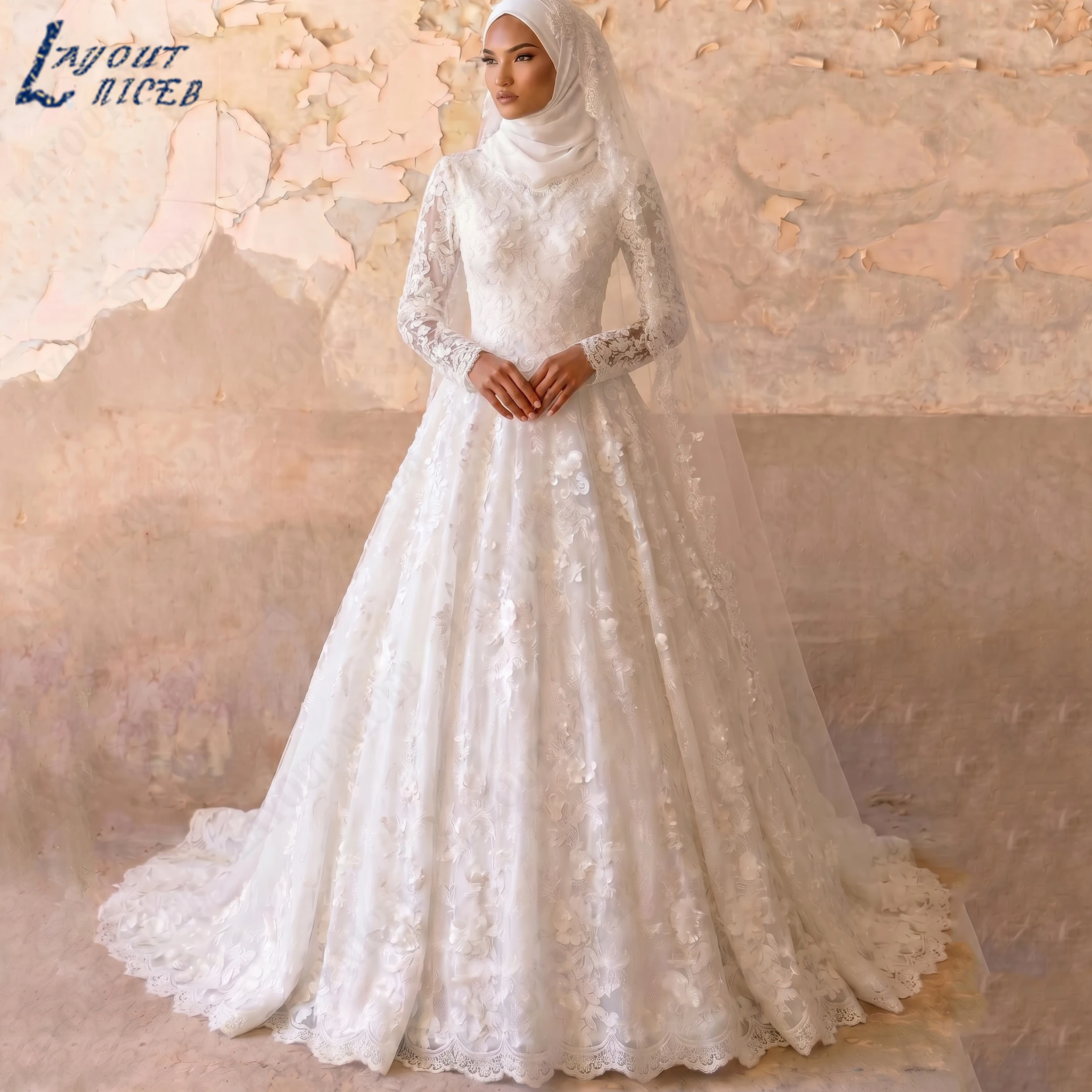 LAYOUT NICEB Muslim A Line Lace Wedding Dress High Neck Long Sleeve Bridal Gown Applique Modest Bride Dresses Customized